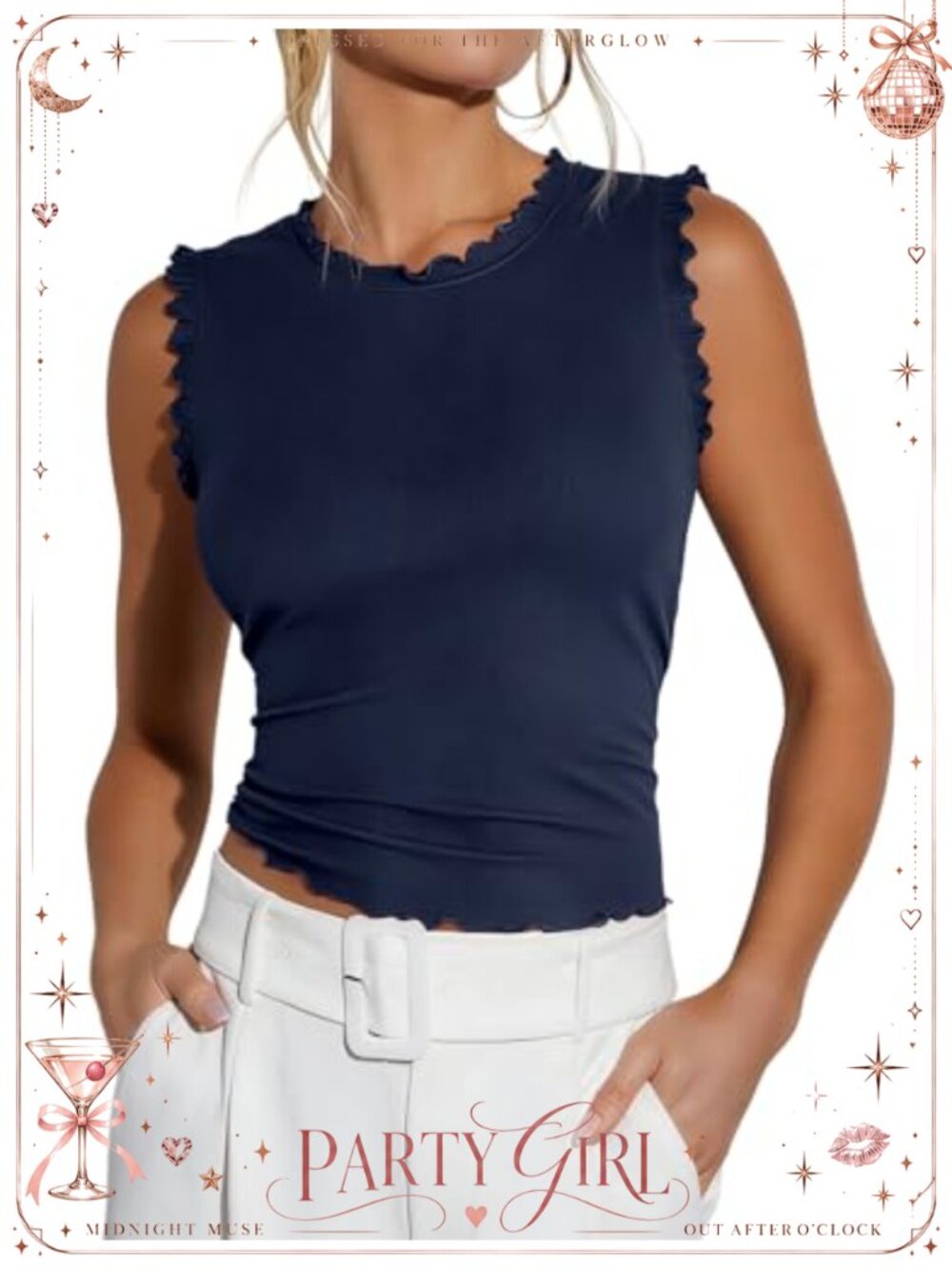 REVETRO Women's Rib Knit Fitted Ruffle Tank Top Sleeveless Crew Neck